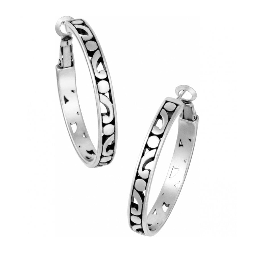Close up view of Contempo Medium Hoop Earrings showing the detailed silver hoop design