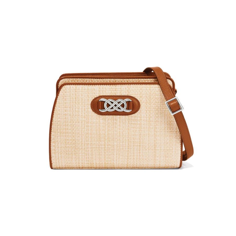 Dani Straw Organizer a textured cream-colored crossbody bag with brown trim and a silver intertwined ring logo is against a white background.