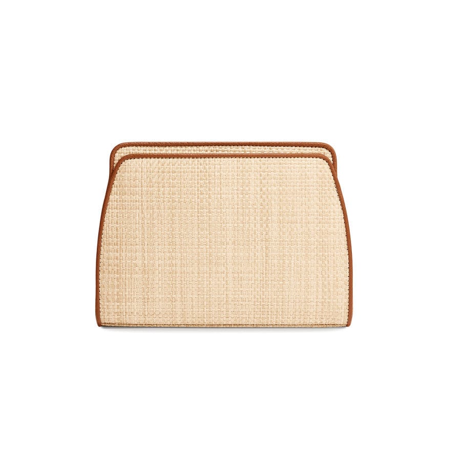 Dani Straw Organizer beige textured clutch with brown trim is depicted against a white background, appearing stationary and unopened.