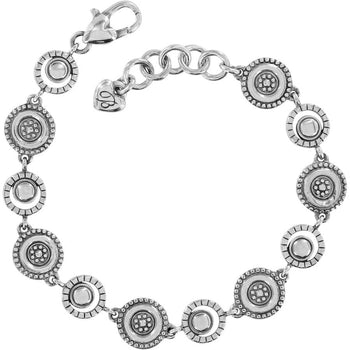 Back view of Silver Halo Eclipse Bracelet with alternating round, embossed discs connected by small links featuring a lobster clasp and a small hanging tag inscribed with "925," displayed on a white background.