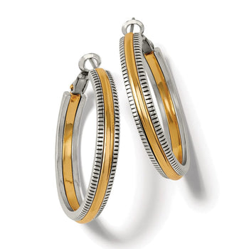 Interlok Heirloom Hoop Earrings a pair of two-tone hoop earrings, with gold and silver segments, suspended against a white background.
