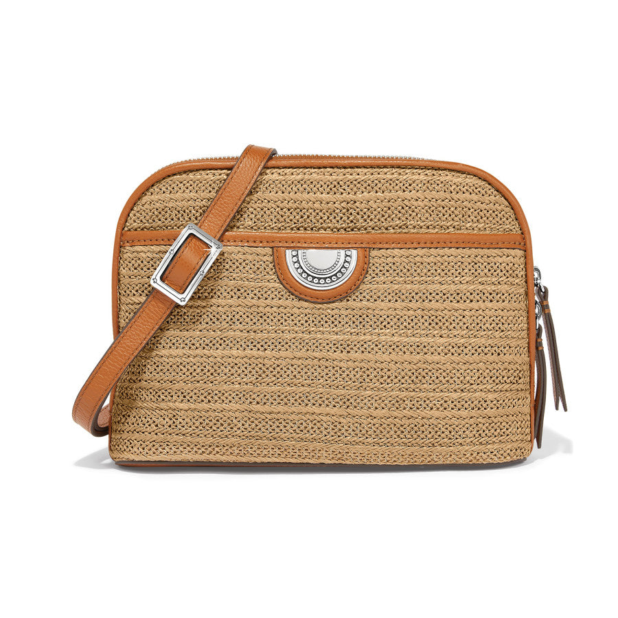 Beige woven crossbody bag the Jojo Straw Organizer shown with an adjustable strap, front zipper, and decorative circular emblem, against a white background.