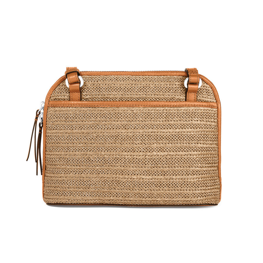 Back view of A beige woven Jojo Straw Organizer handbag with white straps and trim, zipped on top, isolated against a white background.