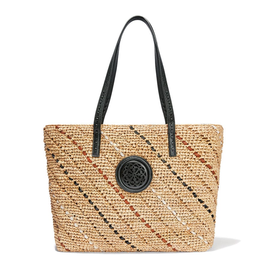 Kennis Straw Tote - front view showcasing the woven straw design with black trim and handles