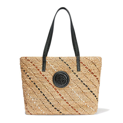 Kennis Straw Tote - front view showcasing the woven straw design with black trim and handles