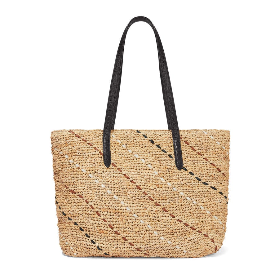 Rear view of Kennis Straw Tote, featuring the detailed straw weave and black handles