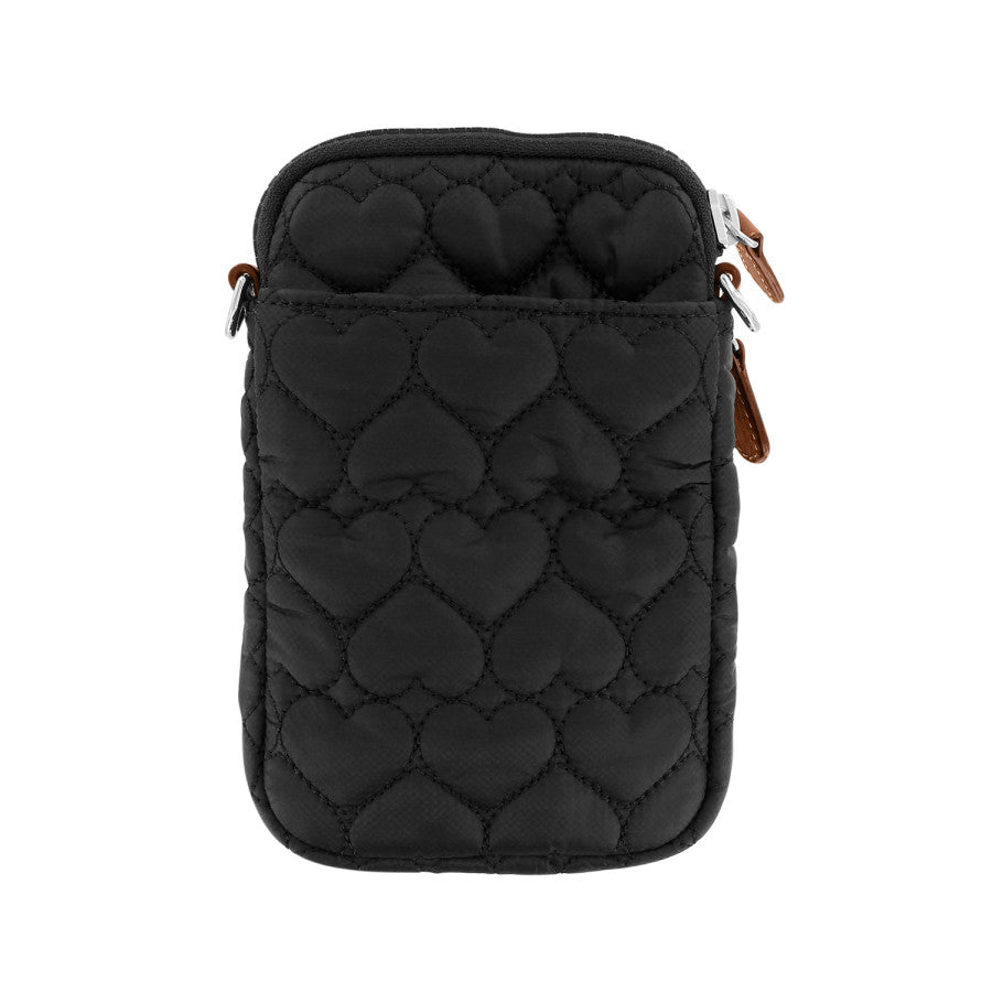 Back view of Kora Mini Utility Bag in black, featuring pocket with black nylon and heart stitching