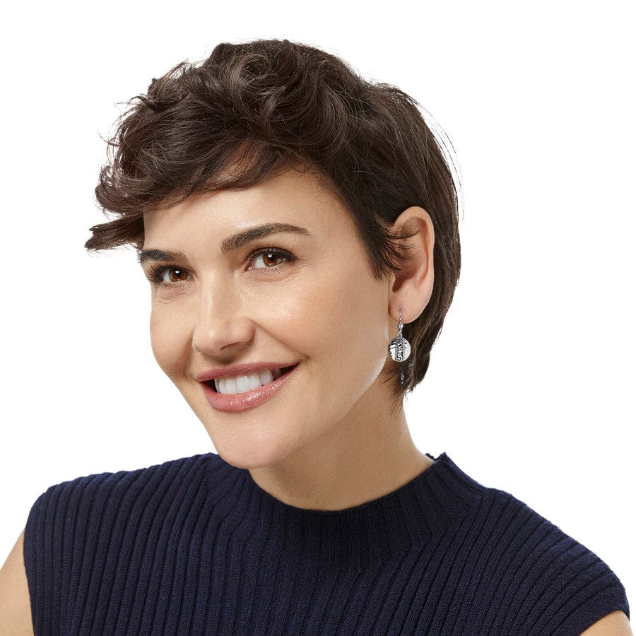 Model in navy top wearing Mingle Disc French Wire Earrings