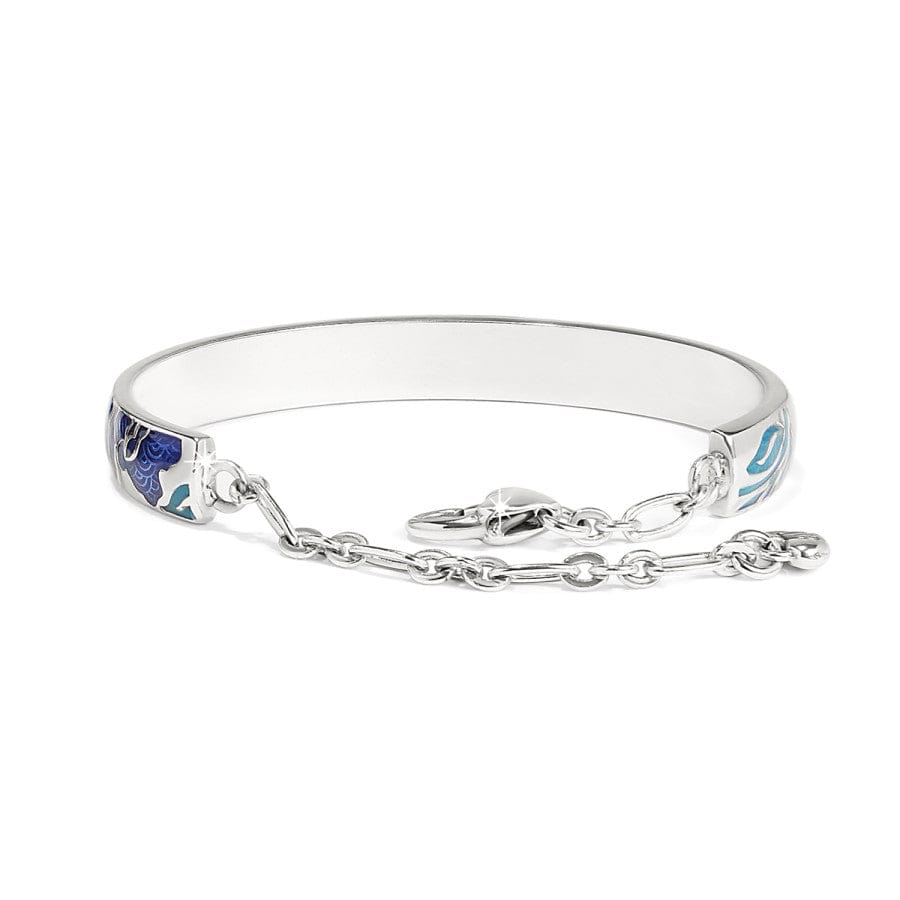 Back view of Silver bangle Terra Bar Bracelet bracelet with blue cloisonne enamel insets, presented on a plain white background. It features a safety chain attached to a clasp.