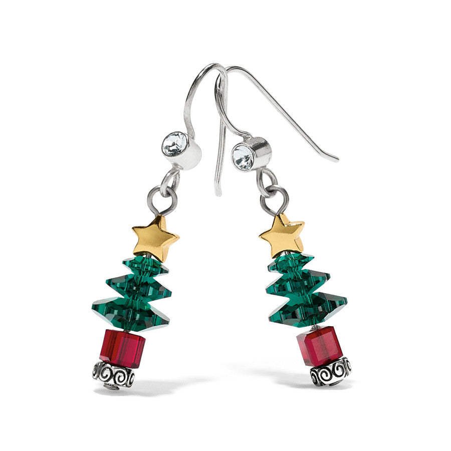 Brighton drop earrings shaped like Christmas trees with green crystals, gold stars, and red beads on a white background