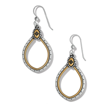 Teardrop-shaped Venezia Teardrop French Wire Earrings with a dual-tone design of gold and silver, adorned with small black dots and a small cross-like motif at the top. The background is plain white.