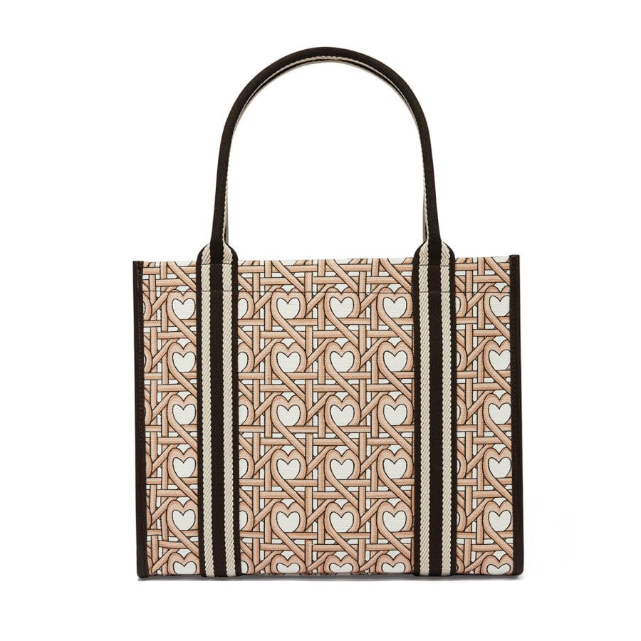 Rear of the Woven Hearts Canvas Carry All, highlighting the woven heart pattern and leather trim